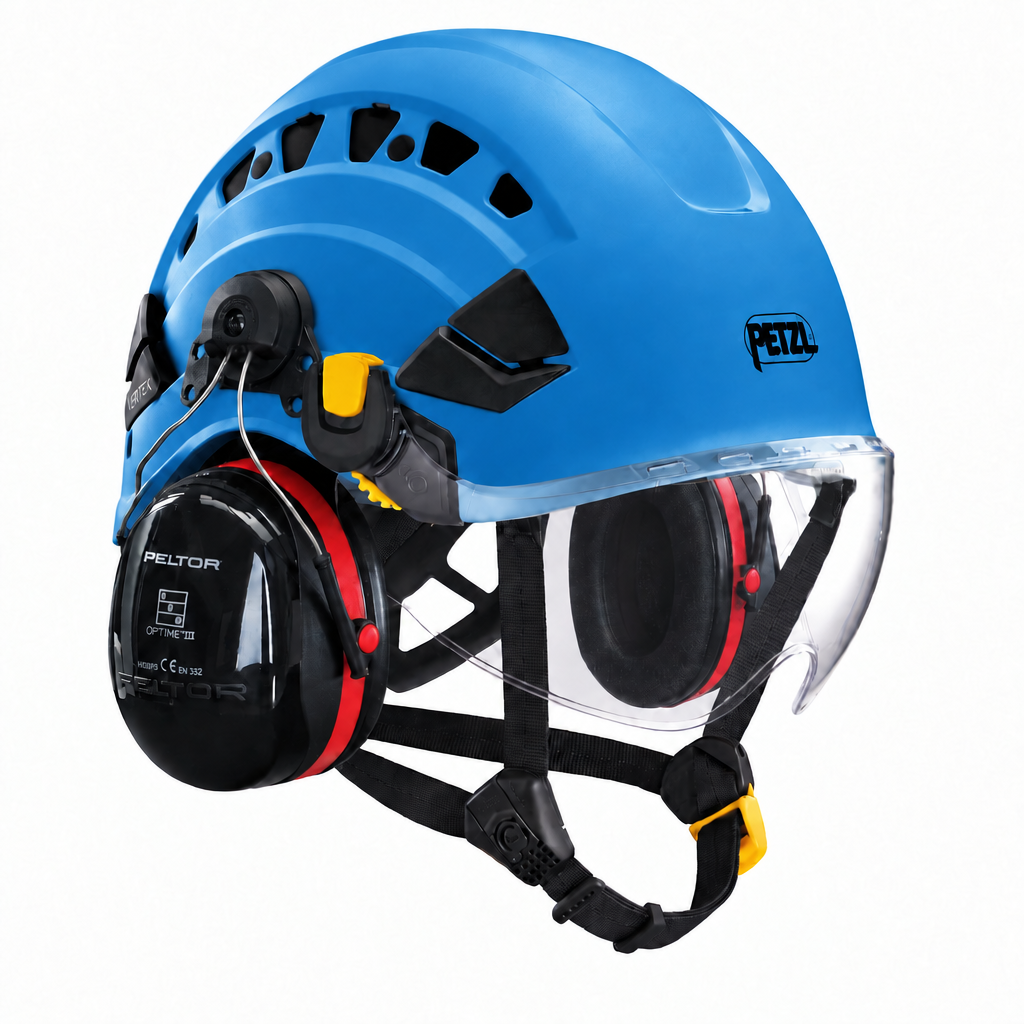 Petzl VERTEX VENT blauw met VIZIR vizier en 3M Peltor Optime III gehoorkap