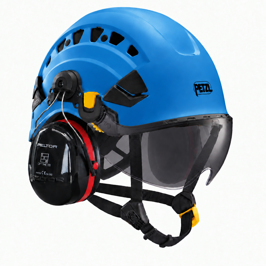 Petzl VERTEX VENT blauw met VIZIR SHADOW vizier en 3M Peltor Optime III gehoorkap