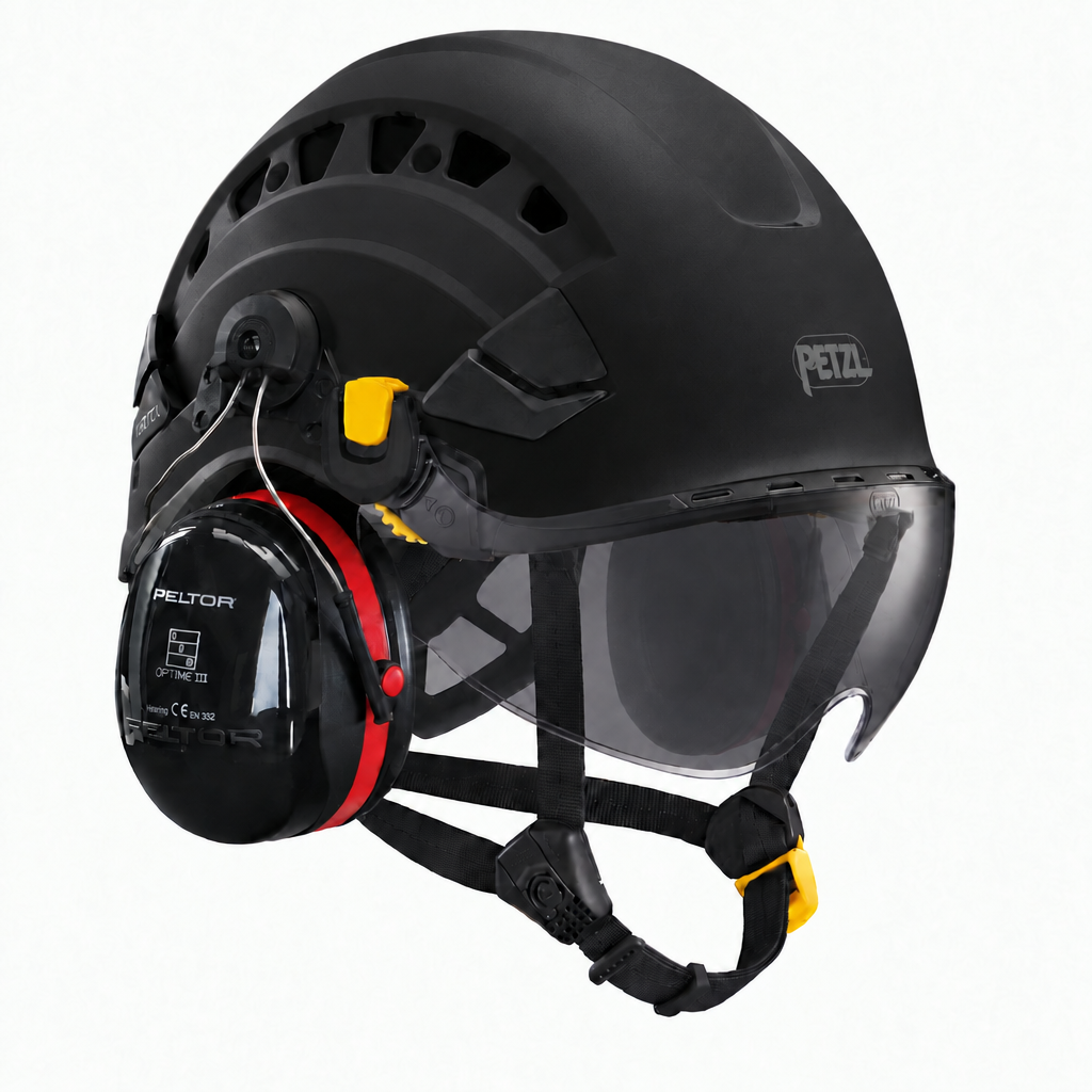 Petzl VERTEX VENT zwart met VIZIR SHADOW vizier en 3M Peltor Optime III gehoorkap