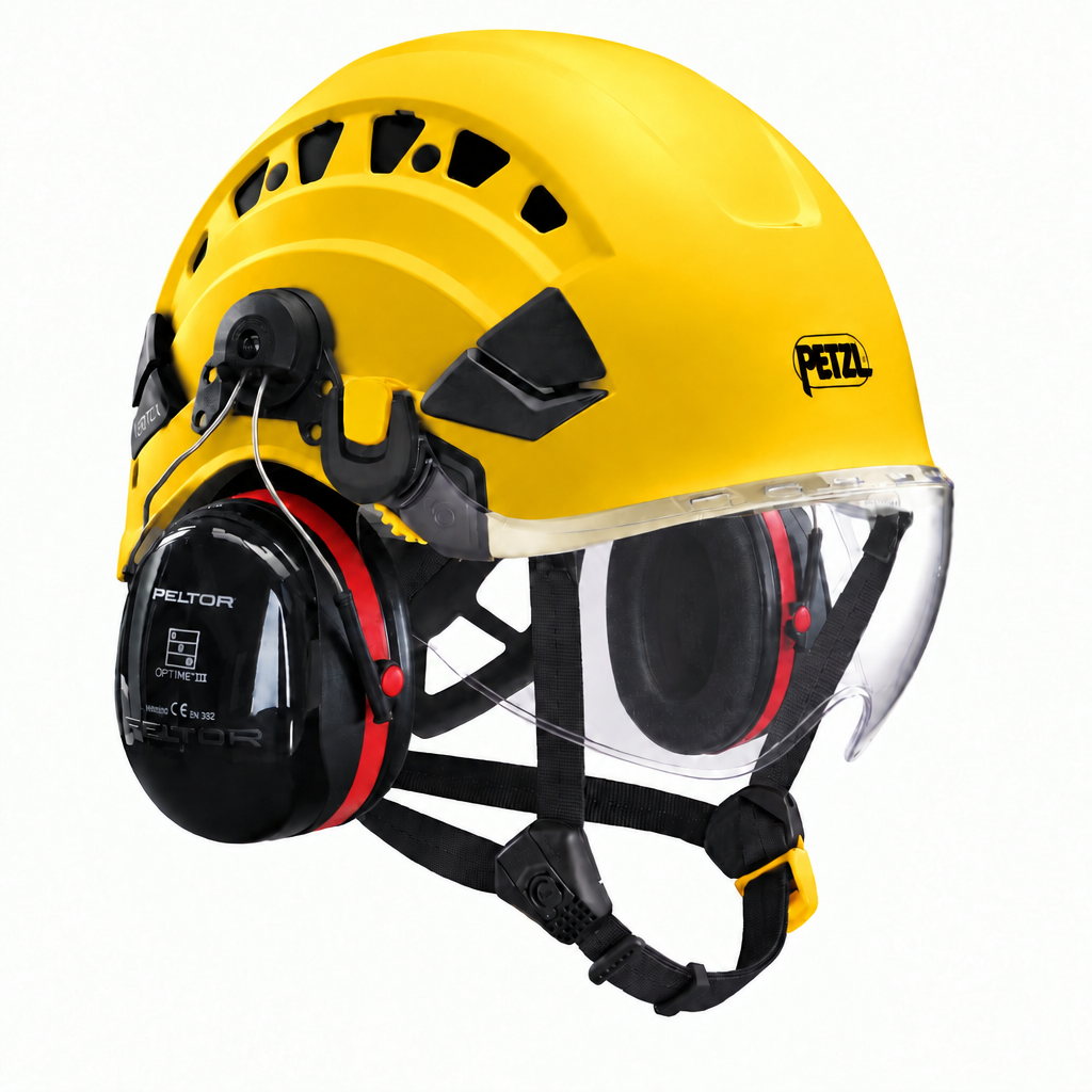 Petzl VERTEX VENT geel met VIZIR vizier en 3M Peltor Optime III gehoorkap