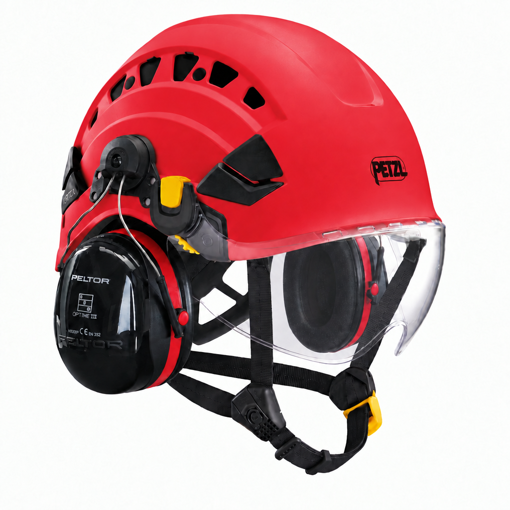 Petzl VERTEX VENT rood met VIZIR vizier en 3M Peltor Optime III gehoorkap