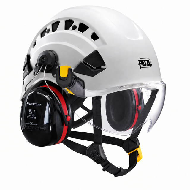 Petzl VERTEX VENT wit met VIZIR vizier en 3M Peltor Optime III gehoorkap