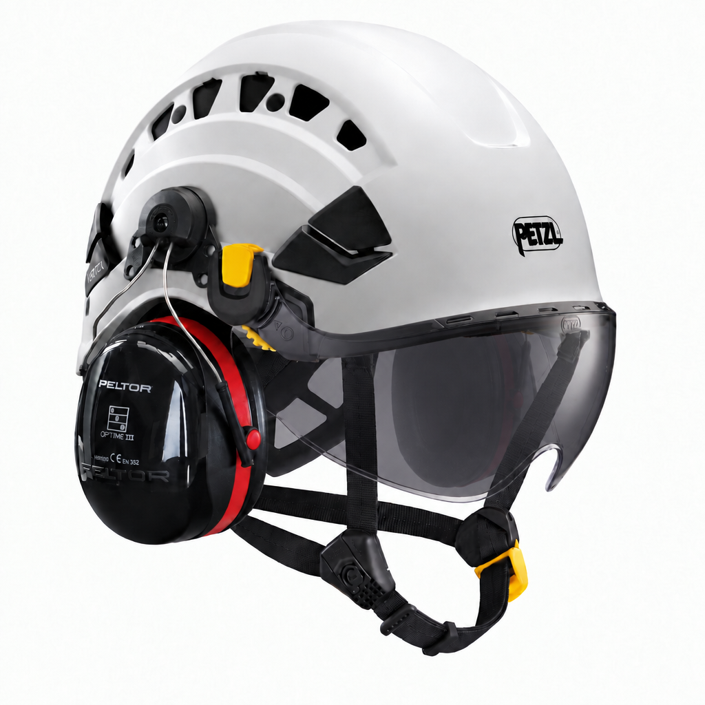 Petzl VERTEX VENT wit met VIZIR SHADOW vizier en 3M Peltor Optime III gehoorkap